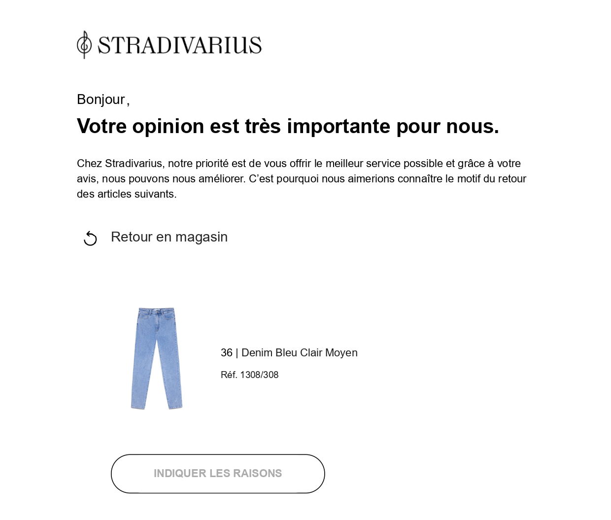 Exemple de questionnaire de satisfaction de Stradivarius