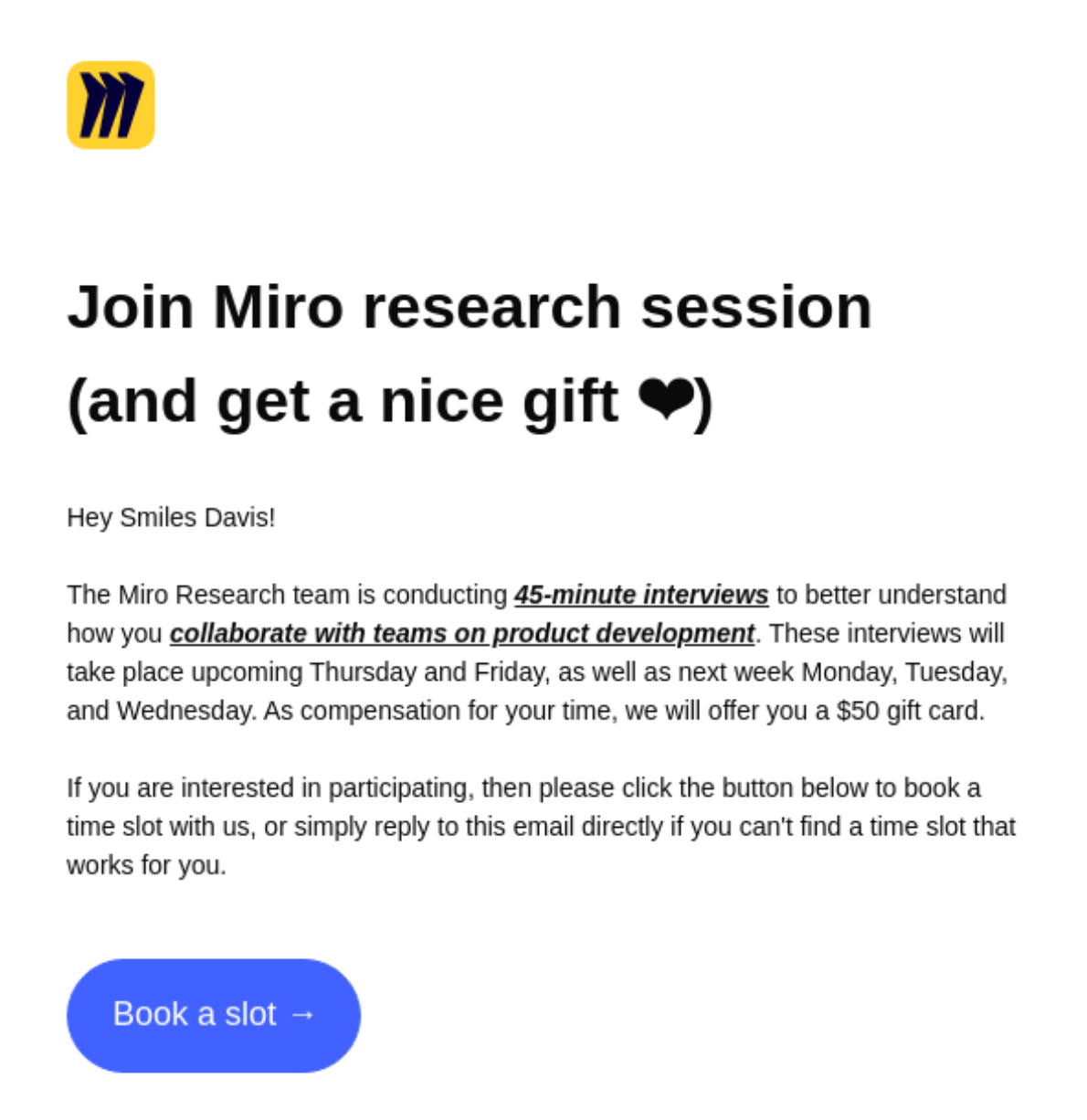 Comment Miro incite les clients à donner leur avis via l'e-mail marketing
