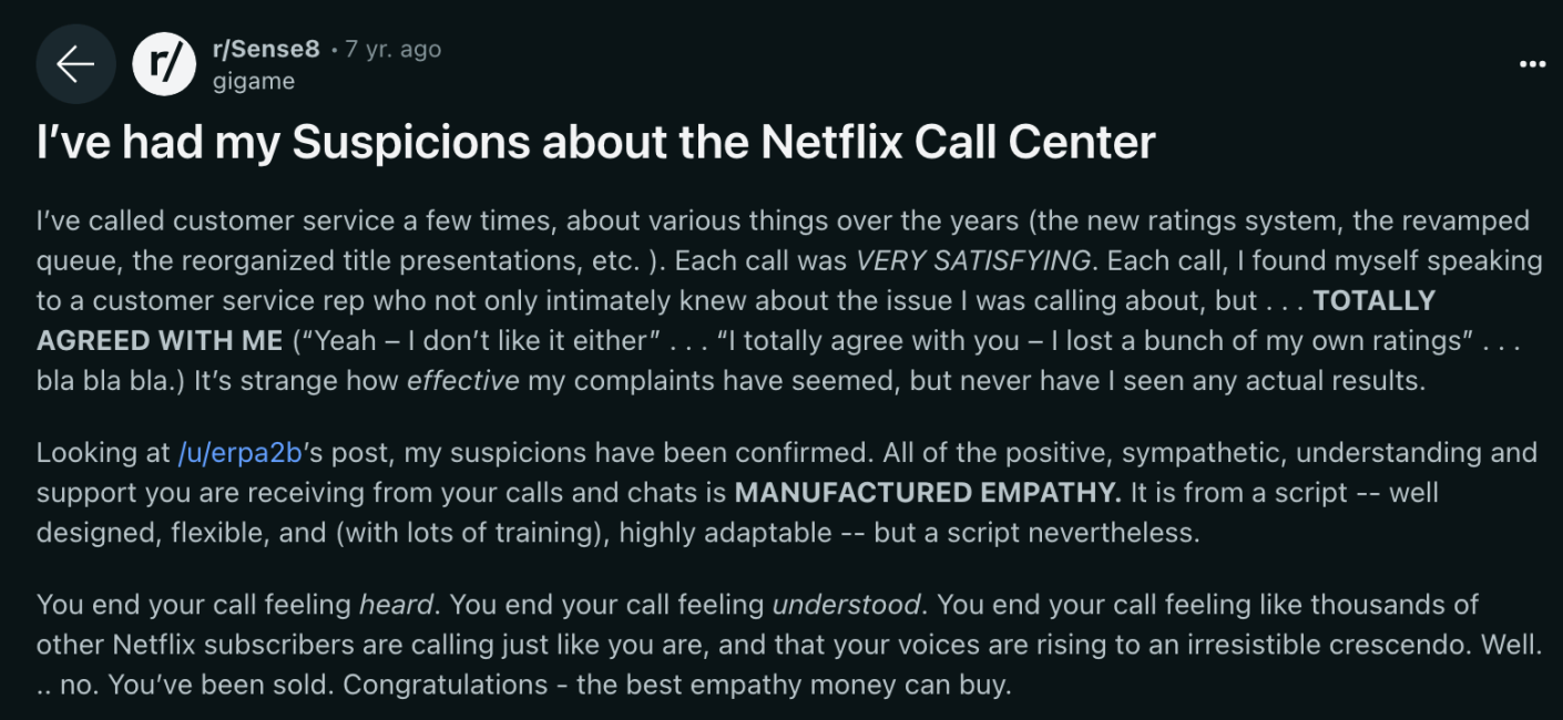 Sujet Reddit sur le centre d'appel de Netflix