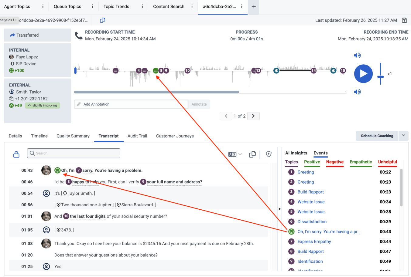 Customer sentiment analysis of a customer conversation voice recording