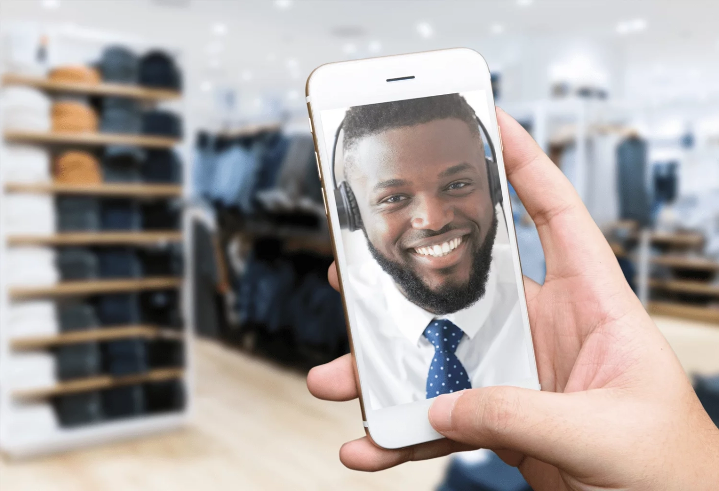 Illustration de l'appel &agrave; un vendeur en vid&eacute;o dans les rayons de la boutique