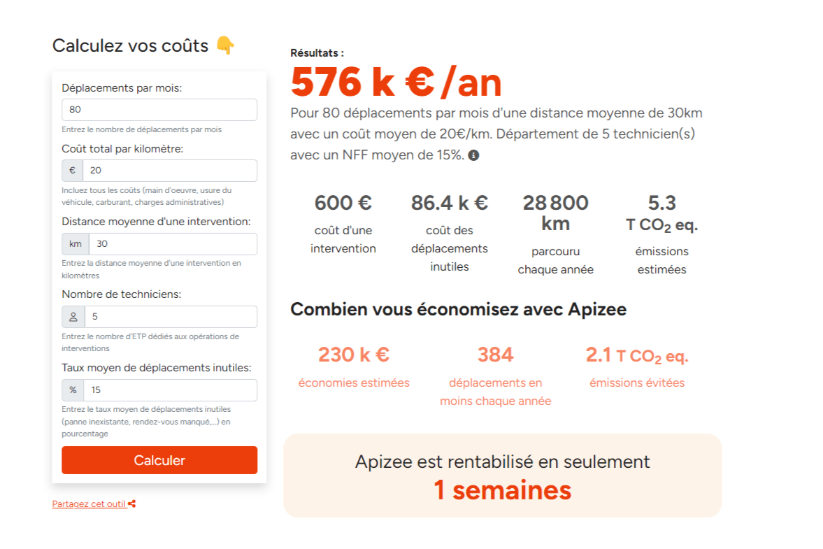 Calculateur de co&ucirc;ts de d&eacute;placements des techniciens
